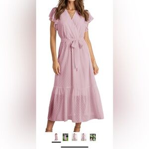 Casual Wrap V Neck Ruffle Cap Sleeveless Belt A-Line Pleated Hem Midi